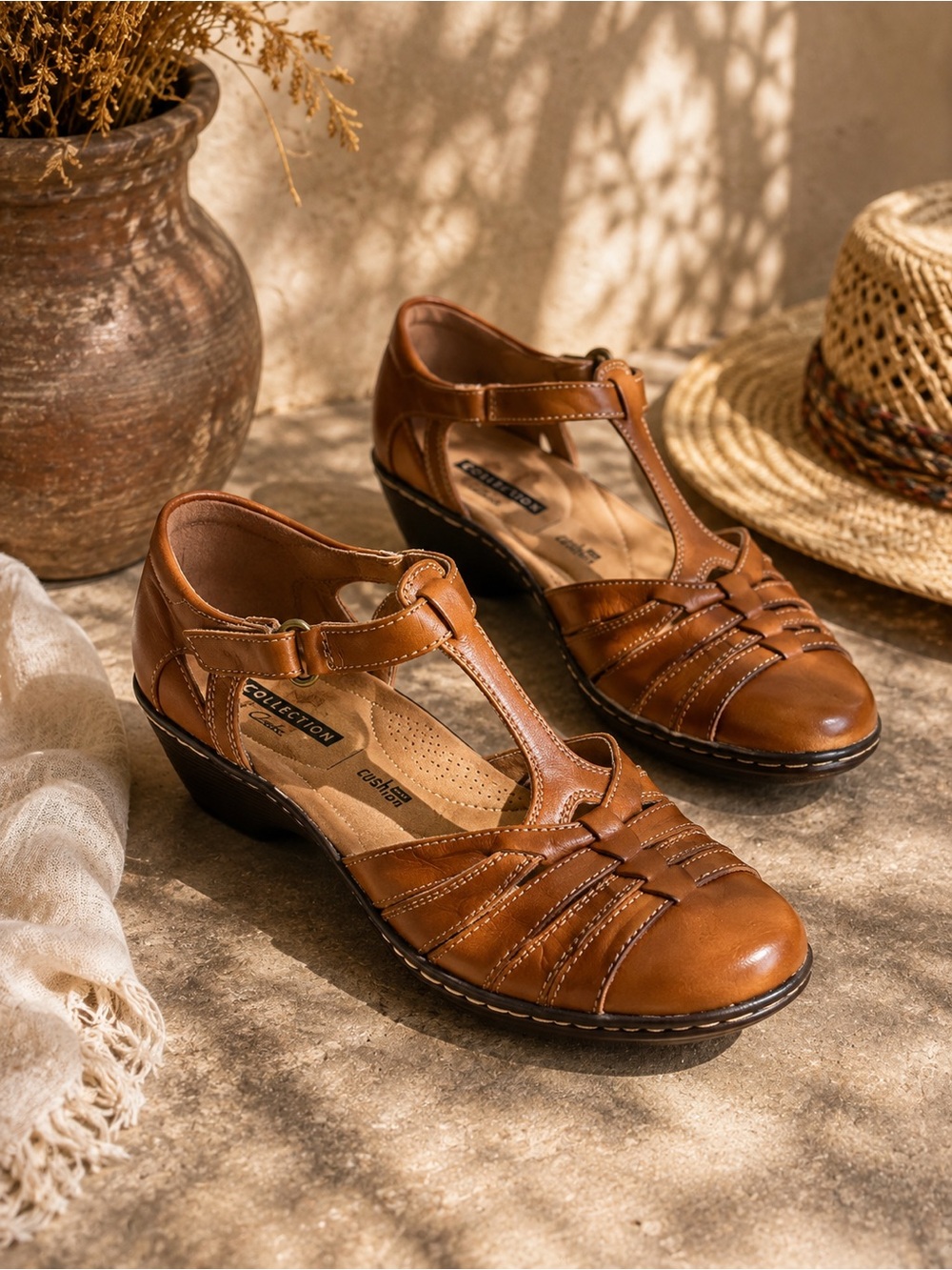 Clarks Collection Leather T-Strap Sandals — Size 6.5
